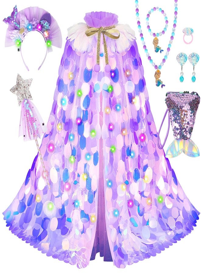 LIMIROLER Princess Dress Up Toys Princess Dress Up Clothes Rainbow Mermaid Cape Kit 9 Pcs Gift Set for Little Girls 3-8 Years (8 - Light up Rainbow Purple) - Image 1